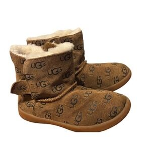 UGG Kids All-Over Logo Print Sherpa Lined Winter Boots Brown‎ Size 11